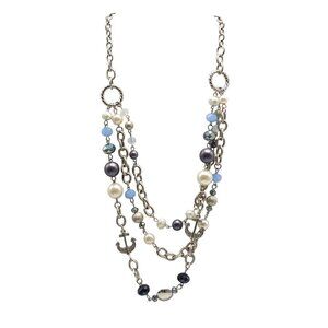 RMN Triple Strand Nautical Faux Pearl Beaded Chain Necklace